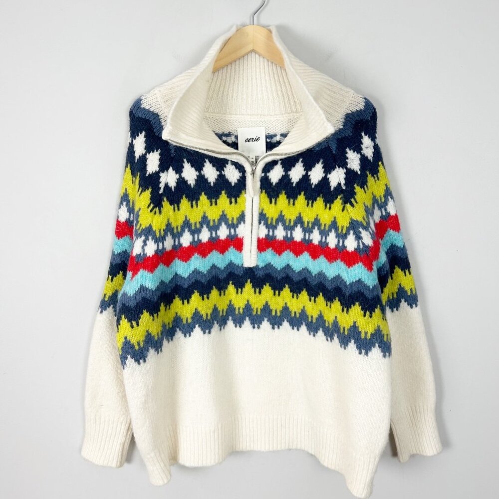 Aerie 1/4 Zip Pullover Sweater Nordic Fair Isle Scandi Size Large Women's
